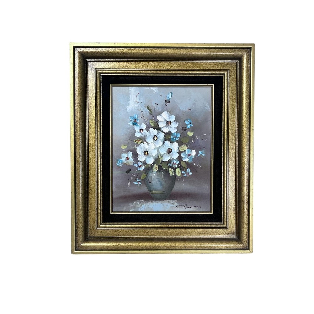Vintage Floral Oil Painting | Gold Framed Wall Art, Mid-Century Moody Still Life